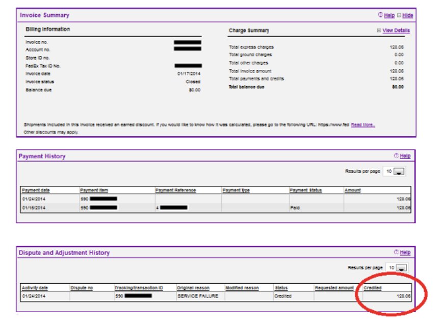 FedEx Dispute and Adjustment History